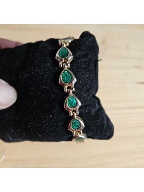 Vintage Aidmens Silver-tone with Emerald Green Inlay Magnetic Therapy Bracelet